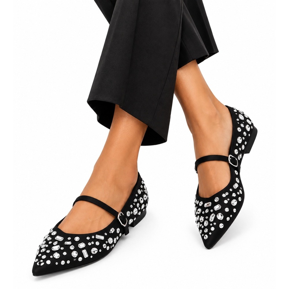 A New Day Gabriella Flats Womens 9.5 Jet Black Satin Rhinestone Pointed Toe NEW